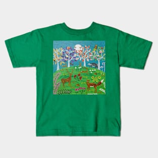 Fox, hares, Stag, Badger. Hedgehogs among Flowers and Trees Kids T-Shirt